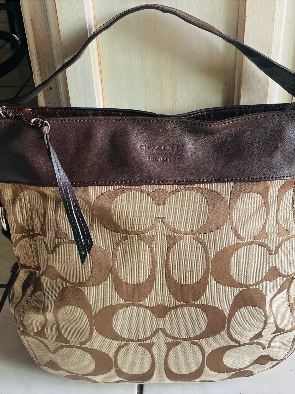 VTG 1993 COACH Signature Canvas LARGE Shoulder Bag in Brown/Tan, F14709, EUC